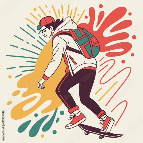 Young person skateboarding with colorful abstract splashes and lines extreme sport graphic design abstract background dynamic illustration youth culture urban lifestyle active lifestyle