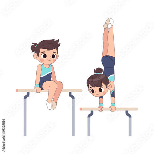 Youth gymnasts performing on parallel bars with playful expressions  