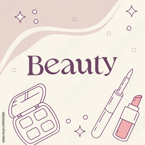 Beauty and cosmetics illustration featuring makeup products like eyeshadow palette lipstick and applicator cosmetics eyeshadow lipstick eyeliner applicator lifestyle feminine professional