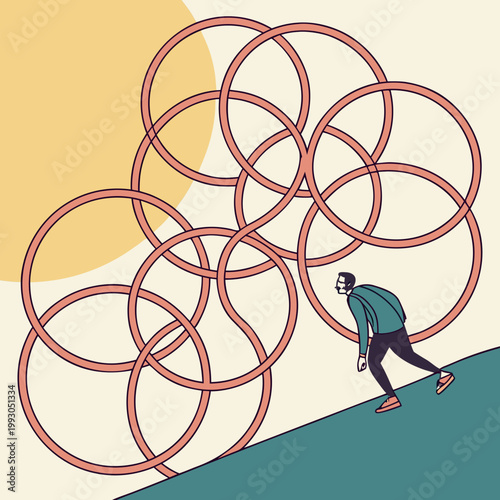 Man with backpack pushing large stack of interlocking rings uphill representing challenge and effort hard work challenge struggle obstacle difficulty perseverance determination overcoming