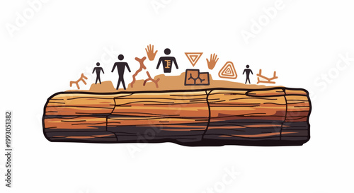 Ancient petrified wood surface with primitive human figures and symbols