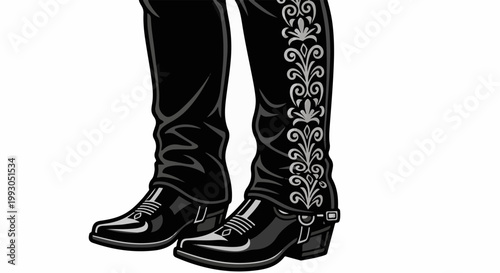 Black cowboy boots with ornate silver stitching on one boot