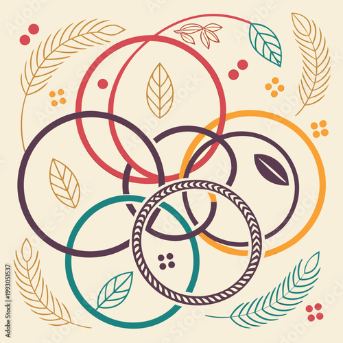 Interlocking rings with leaves berries and wheat stalks nature and harmony illustration interlocking connection environment sustainability agriculture ecosystem botanical illustration