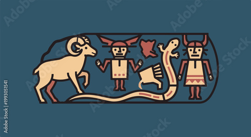 Ancient figures, ram, lizard, and snake depicted in a stylized, flat illustration on a blue background