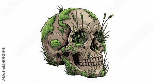 Ancient skull overgrown with moss and grass, symbolizing decay and nature's reclamation