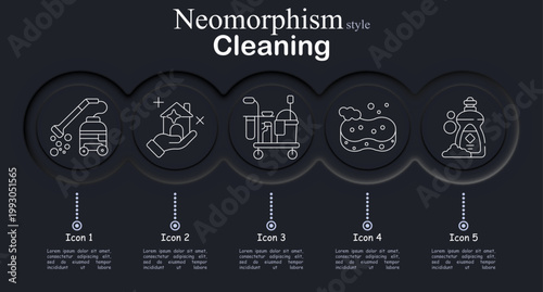 Cleaning set icon. Neomorphic dark interface circles with line symbols of vacuum cleaner hose, disinfect hand sparkle, cleaning trolley supplies, soap sponge bubbles, detergent bottle