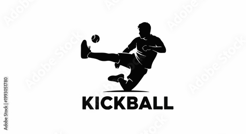 Black silhouette of a person kicking a ball mid-air, with the word kickball below