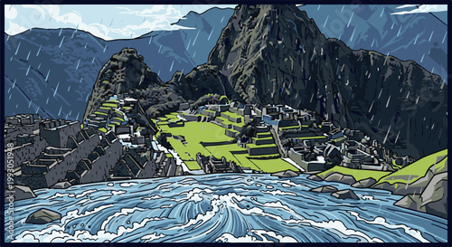 Ancient stone ruins nestled in lush green terraces against dramatic mountains under heavy rainfall