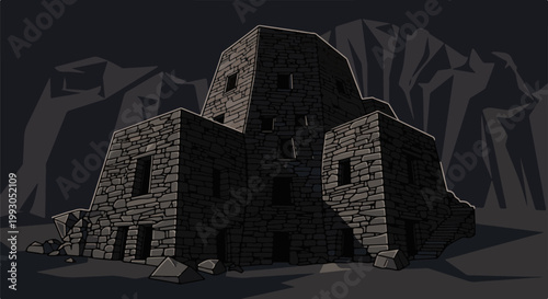 Ancient stone structure with pixelated texture, set against dark, jagged mountains