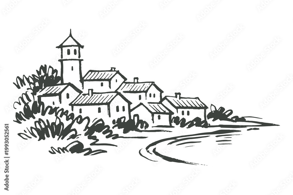 Obraz premium Coastal village landscape ink sketch vector illustration