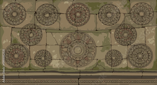 Ancient stone wall with ornate circular carvings and weathered texture