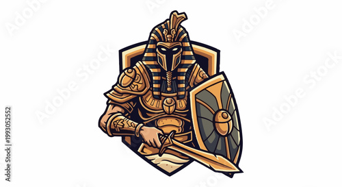 Ancient warrior in golden armor, holding a shield and sword, against a dark background
