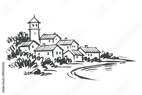 Coastal village landscape ink sketch vector illustration