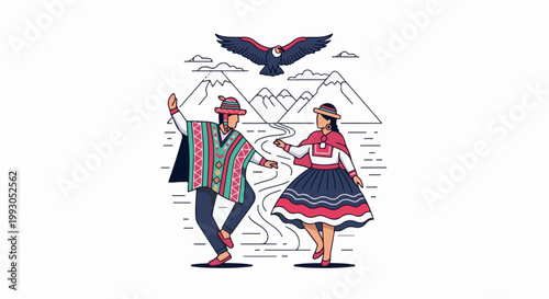 Andean couple in traditional attire dances amidst mountains and a condor flies overhead