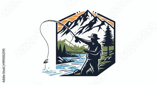 Angler casting line into river with mountains and trees