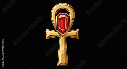 An ancient golden symbol with a red gem, isolated on black
