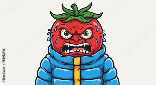 Angry tomato character with wide mouth, sharp teeth, bulging eyes, and sweat drops, wearing a blue puffer jacket