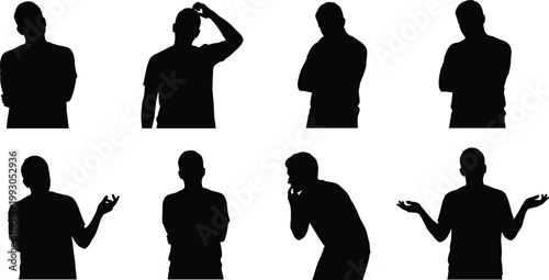 Thinking man silhouette set with various expressions like confused, wondering, shrugging, doubting, and pensive poses for problem solving and psychology concept