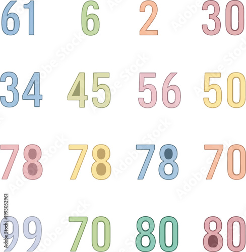 Colorful numbers, numeric icons, pastel digits, vector graphics