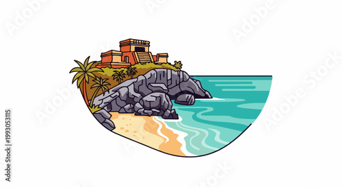 An ancient structure perches on a rocky cliff overlooking a tropical beach and turquoise ocean