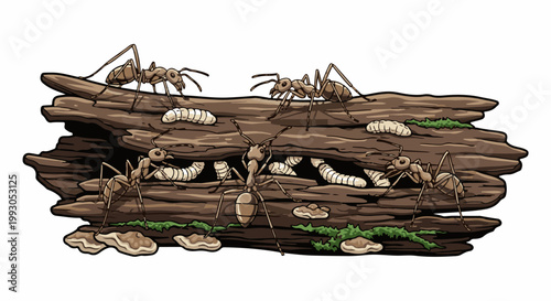 Ants tending to larvae within a decaying log