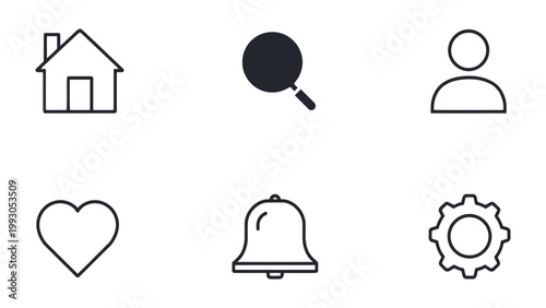 Web Icons Set: A collection of sleek, minimalist web icons, each representing a core function or navigation element. Designed for intuitive use and a clean aesthetic.