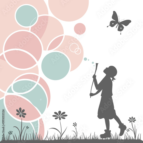 Silhouette of a child blowing soap bubbles in a grassy field with flowers a butterfly abstract pastel circles symbolizing childhood joy and innocence butterfly innocence childhood illustration