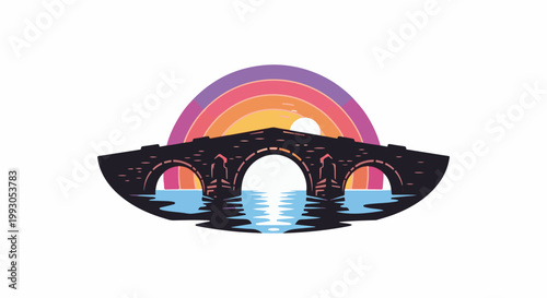 An arched stone bridge spans water reflecting a vibrant sunset with a multicolored rainbow arc