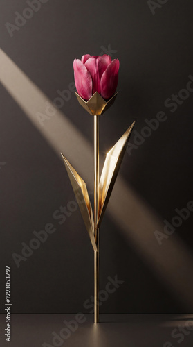 Elegant pink tulip flower with geometric gold metal stem in art deco style on dark background for spring lock screen and glamoour luxury interior decor