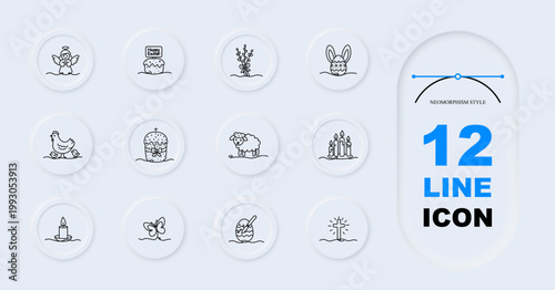 Easter religious set icon. Line symbols with angel greeting branch bunny chicken cake lamb candles candle butterfly egg cross inside circular neumorphism buttons layout.