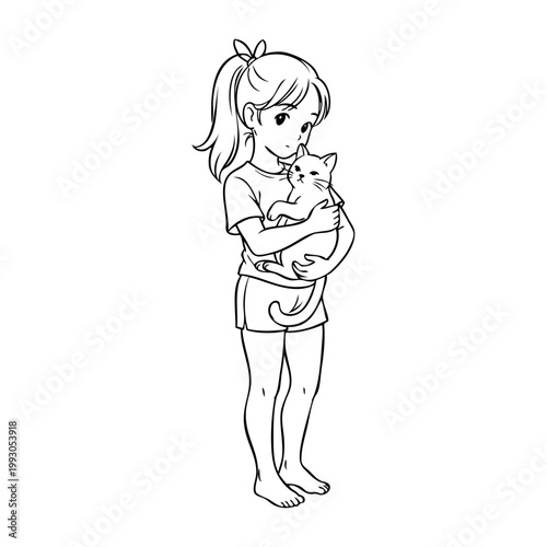 Amor por las mascotas. Dibujo minimalista con líneas de una niña abrazando a un gatito