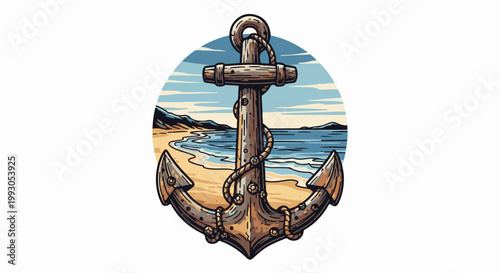 An old anchor rests on a sandy beach with a gentle ocean and distant hills in the background