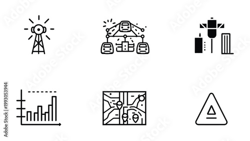 Industrial Icons: A selection of monochrome icons depicting various facets of industry, from communication towers to transportation systems.
