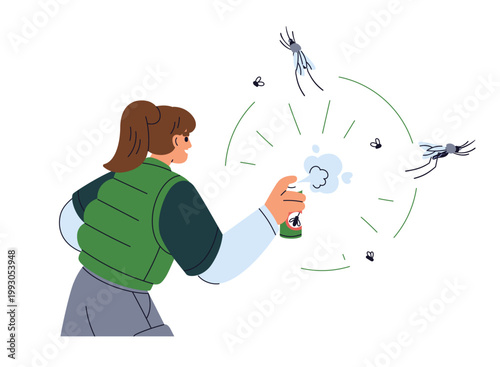 Spraying repellent. Applying anti-mosquito aerosol. Insect bite protection outdoors. Killing bloodsuckers, gnut, midge from sprayer, atomizer. Flat vector illustration isolated on white background
