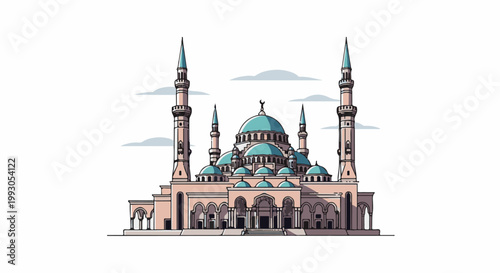 An artistic depiction of a grand mosque with multiple domes and tall minarets against a cloudy sky