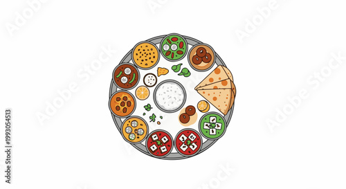 An assortment of Indian dishes served on a circular platter with rice in the center