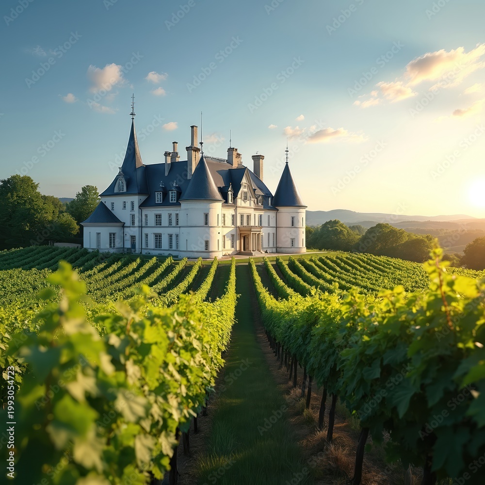 Naklejka premium Elegant chateau sits on hill above rich vineyard rows. Towers with conical roofs and white walls gleam in golden sunset light. Rural French countryside with rolling hills.