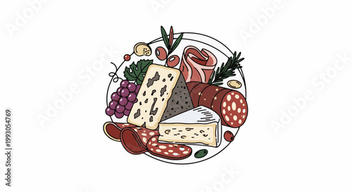 An assortment of cheeses, grapes, olives, and cured meats arranged on a plate