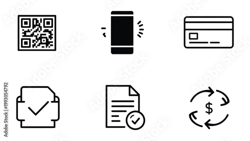 Digital Payment and Transaction Icons: A minimalist arrangement of icons showcasing modern digital payment and transaction methods.