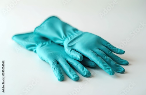 Pair of blue medical gloves lie on white surface. Disposable nitrile latex gloves offer hand protection. Use for medical procedures lab work. Essential safety equipment for health care settings.