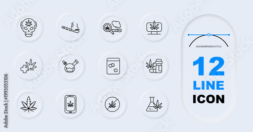Cannabis product set icon. Line style icons display skull, smoking pipe, joint roll, cannabis screen, medical, bong device, edible jar, oil bottle, phone, badge
