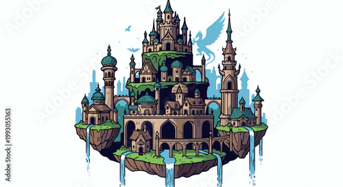 An elaborate, pixel-art floating castle with waterfalls and a dragon silhouette in the background