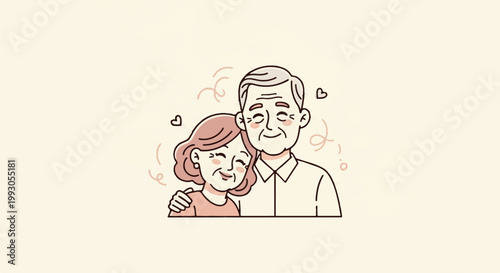 An elderly couple embracing, with rosy cheeks and hearts floating around them