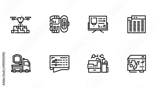 Technological Innovation: Line art icons representing various technology components. Suitable for presentations, website design, and marketing materials.