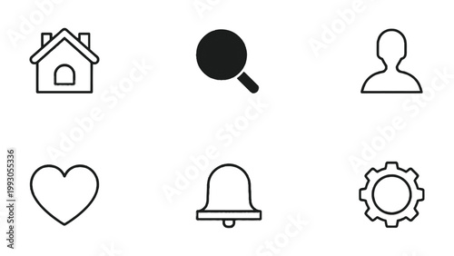 Web Icons Set: Clean, minimalist web icons suitable for user interface design, representing essential functions, providing a user-friendly and intuitive experience for web applications. 