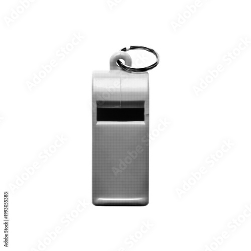 A black-and-white halftone illustration of a rectangular whistle with a loop at the top for attaching a cord or keyring. The body is elongated and simple, with a dark rectangular opening indicating th