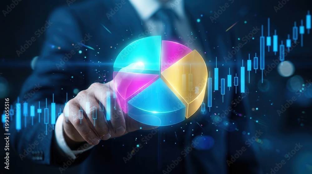 Naklejka premium Investor rebalancing a diversified investment portfolio using a digital pie chart and candlestick graph.