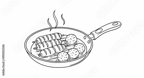 A frying pan filled with sausages on skewers and meatballs, steaming hot