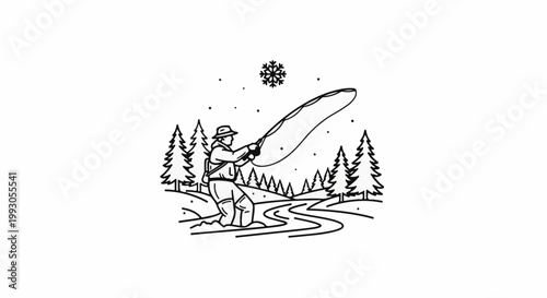 A lone angler casts a line on a snowy winter riverbank, surrounded by evergreens