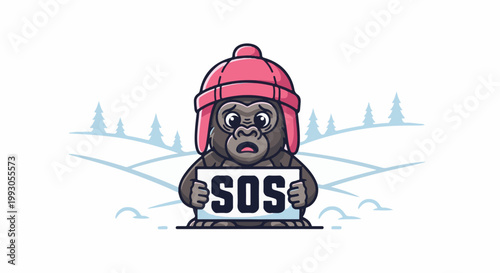 A scared gorilla in a winter hat holds an SOS sign